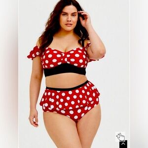 Minnie Mouse Red Polka Dot Cold Shoulder Bikini Top & High Waist Peplum Bottom